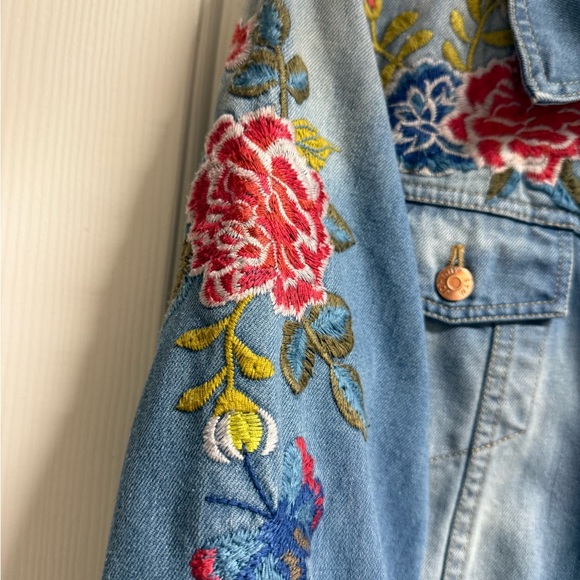 Johnny Was Blue Denim Jacket with Red and Yellow Embroidery - Picture 3 of 11